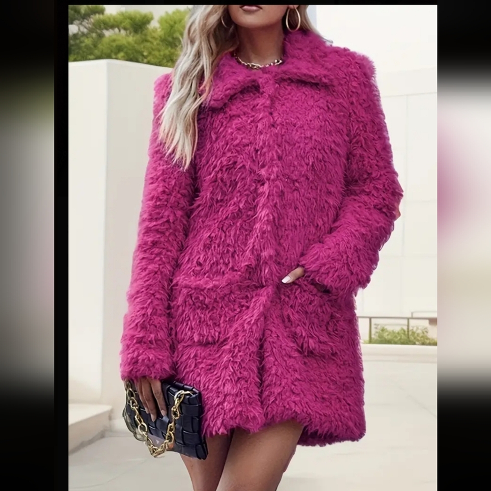 Fushia teddy jacket 3/4 length. Hook closure.  2 front pockets. NEW